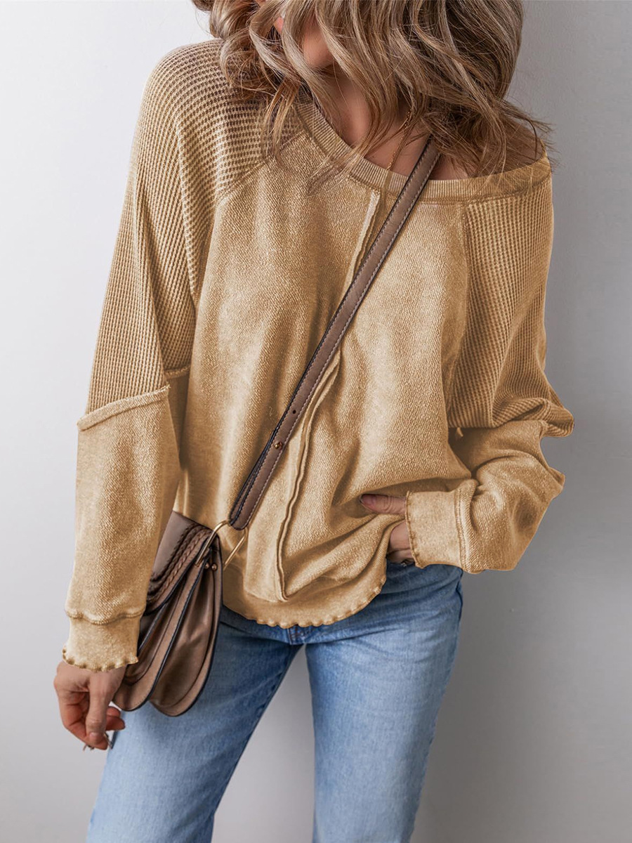 Women's Casual Crewneck Long Sleeve Reverse Stitch Patchwork Loose Pullover Sweatshirt