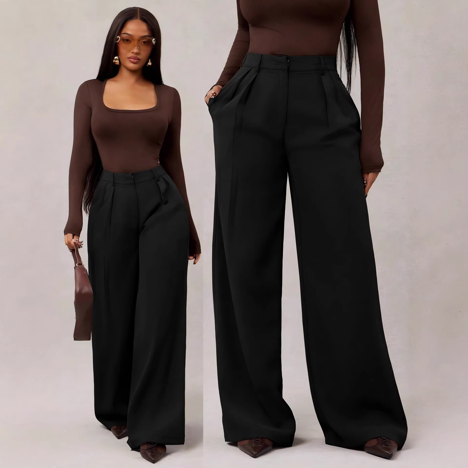 Pleated High-Waist Wide-Leg Casual Pants