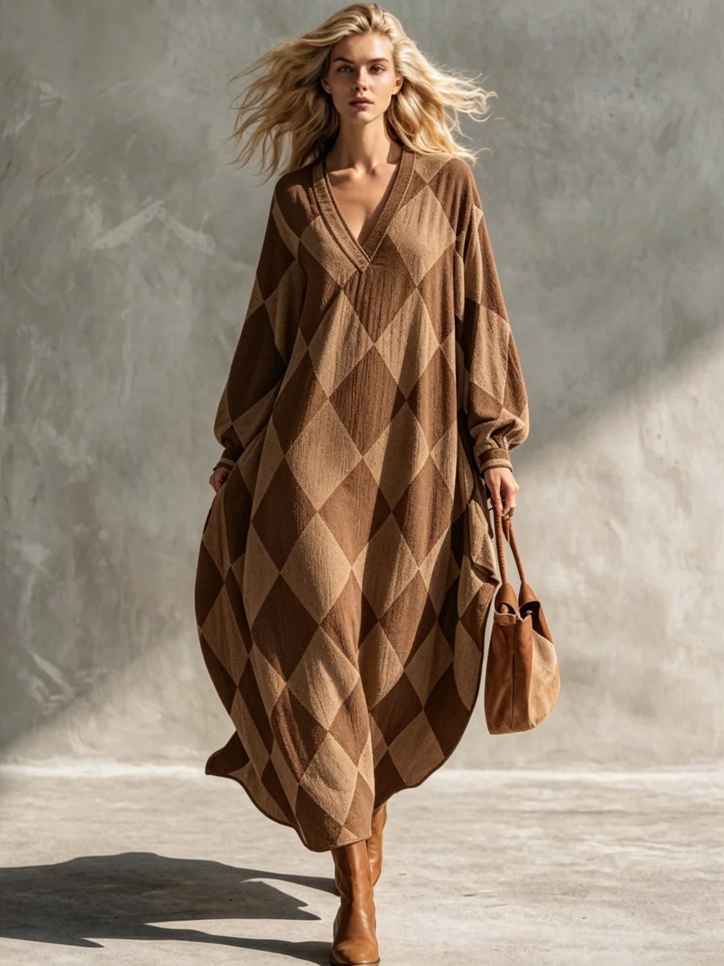 Retro Plaid V-Neck Lantern Sleeve Loose Casual Dress