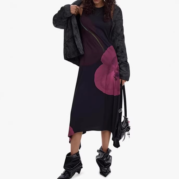 Women's Black Geometric Print Sleeveless Long Dress