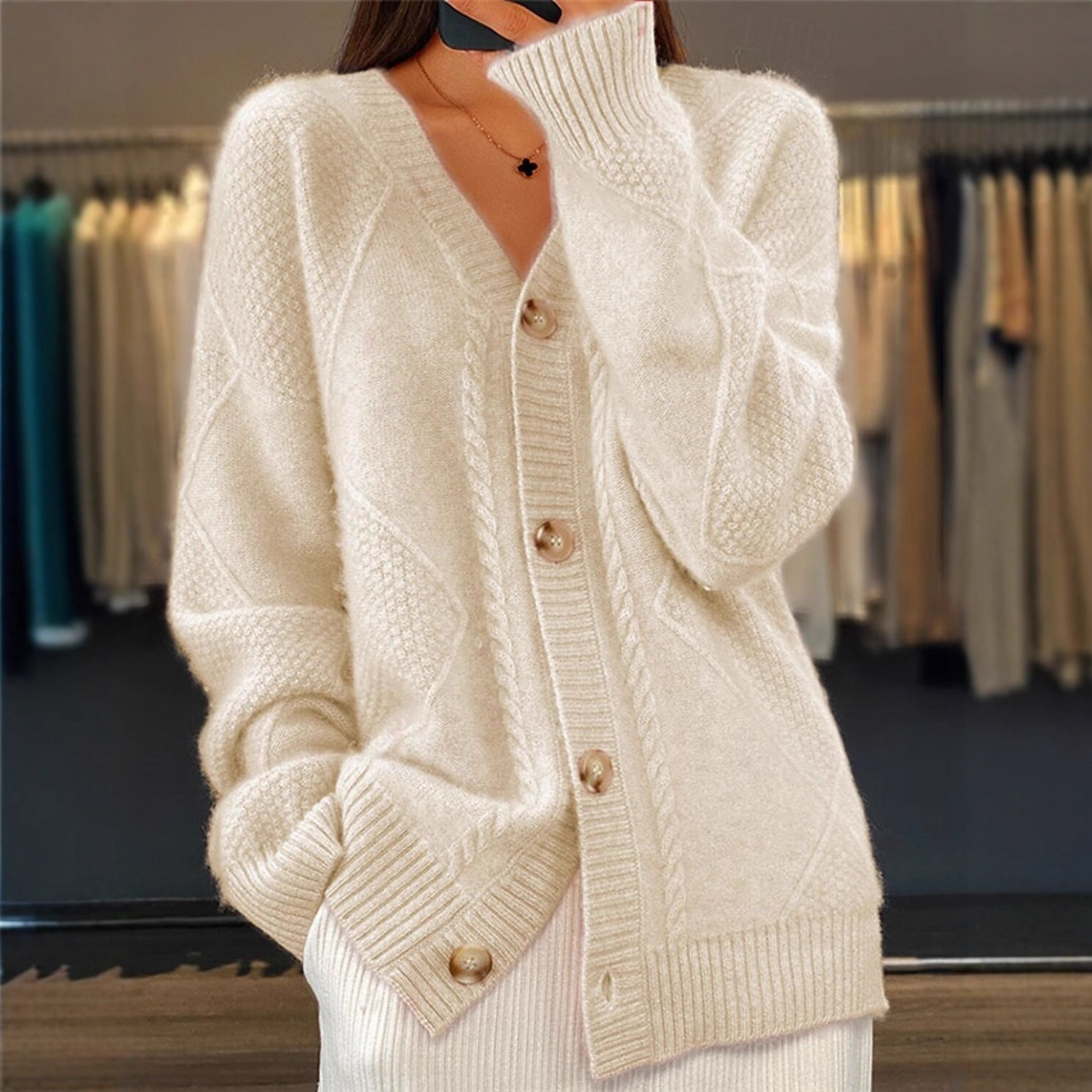 Women's Solid V-Neck Button-Front Knit Cardigan Long Sleeve
