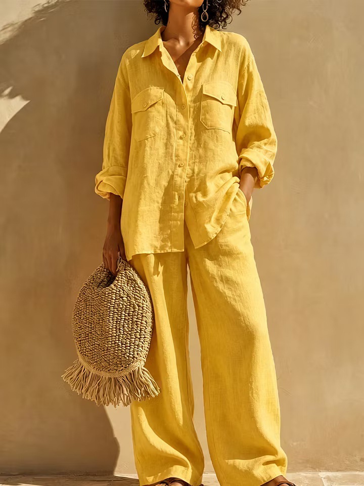 Women's Solid Linen-Blend Long-Sleeve Button-Down Shirt and Wide-Leg Pants Set with Pockets