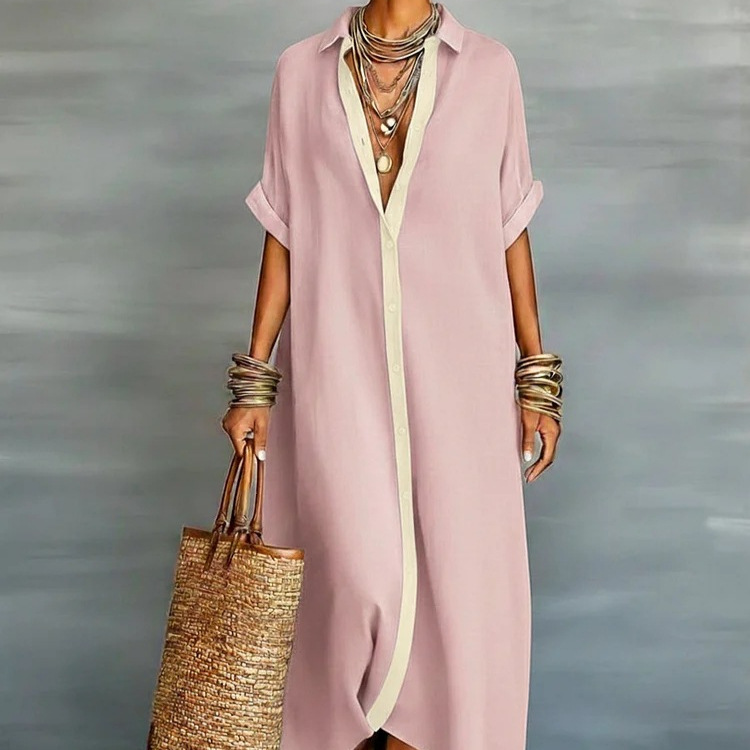 Women's Color-Block Cotton-Linen Shirt Dress V-Neck A-Line Midi