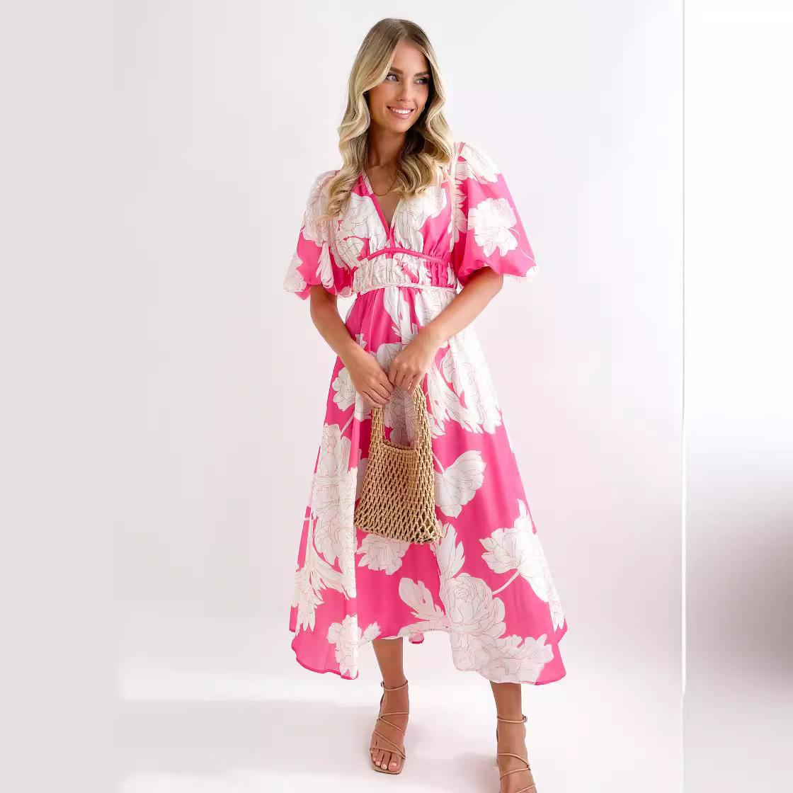 Women's Summer Printed Long Dress with V-Neck and Puff Sleeves