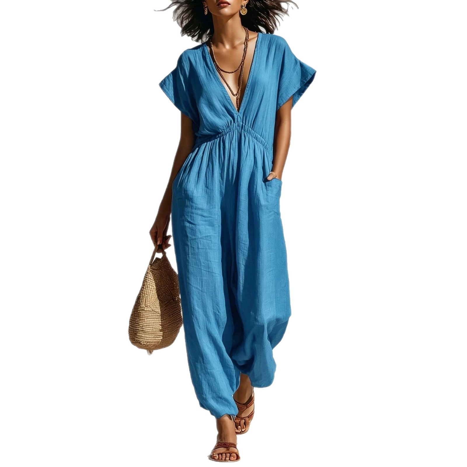 Women's Summer Deep V-Neck Wide-Leg Jumpsuit with Waist Tie Streetwear