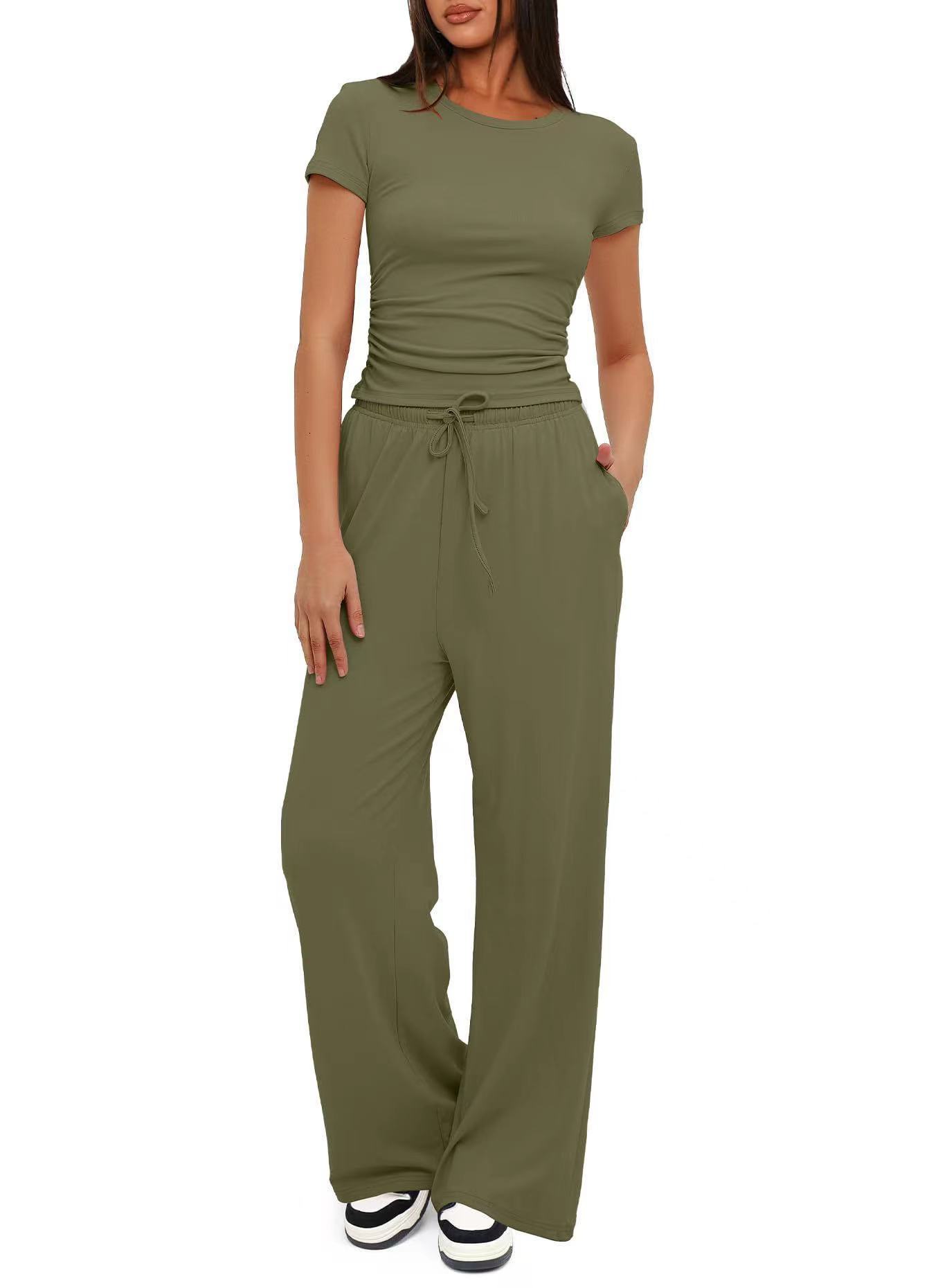 Solid Ruched Short Sleeve Top and High Waist Wide Leg Pants Set