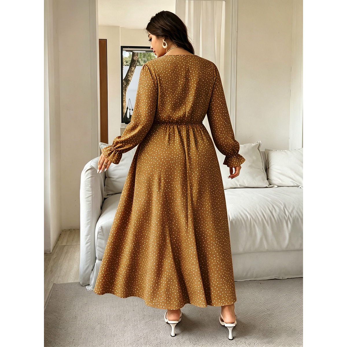 Plus Size Polka Dot V-Neck Tie-Waist Long Sleeve Maxi Dress