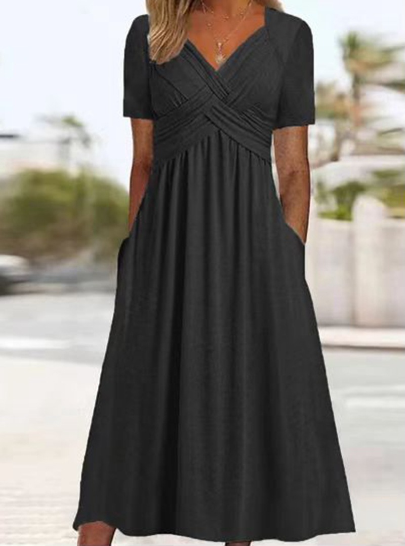 Solid V-Neck Short Sleeve Maxi Dress