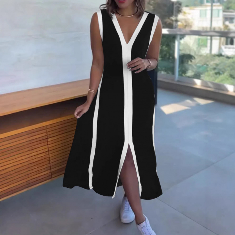 Blue & White Colorblock Sleeveless V-Neck Midi Dress Loose Casual Split