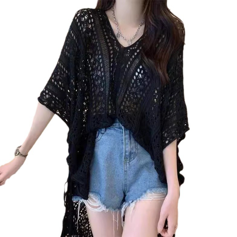 Openwork Short-Sleeve Knit Top Women's Loose Lightweight Sun Protection Cover-Up
