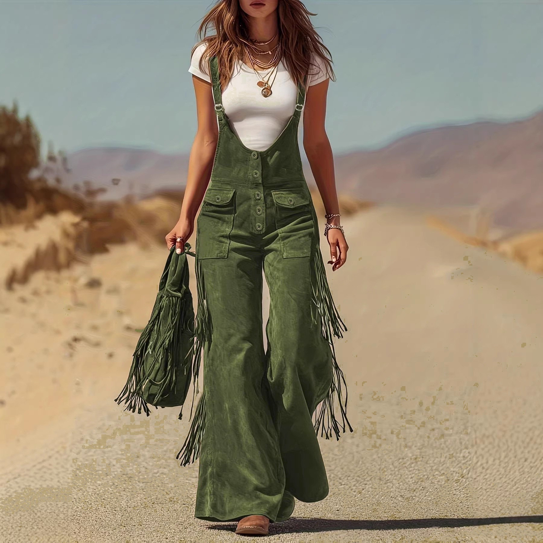 Retro Western Faux Suede Fringe Wide-Leg Overalls