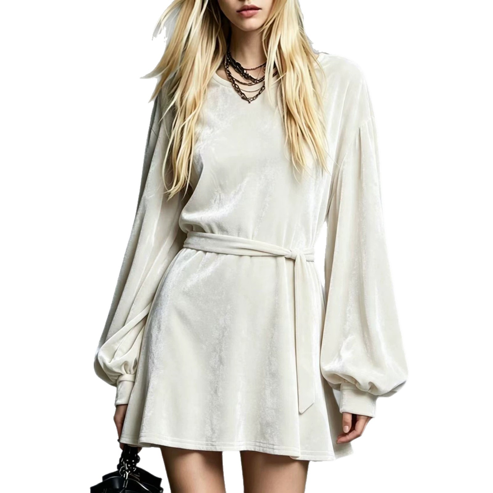 Korean Velvet A-Line Dress with Round Neck, Lantern Sleeves, and Tie Waist