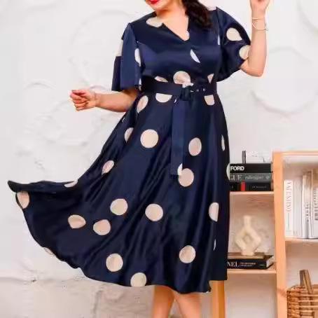 V-Neck Polka Dot A-Line Midi Dress with Short Sleeves