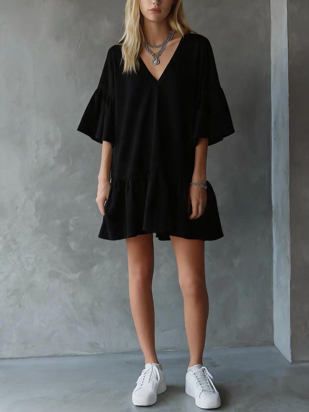 Women's Summer Ruffle V-Neck Solid Color Loose Short Dress