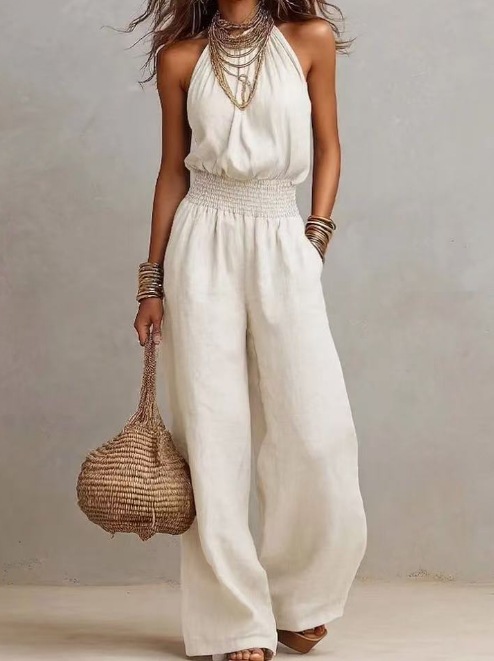 Women's Sleeveless Solid Color Wide-Leg Jumpsuit with Pockets