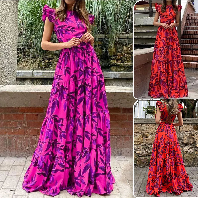 Women's Floral Print Maxi Dress with Flutter Sleeves and High Waist