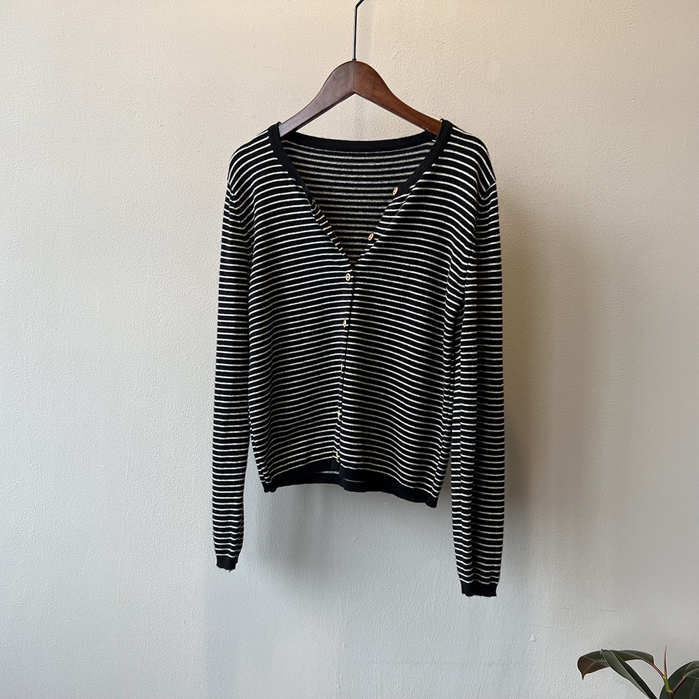 Women's Color-Block Striped Knit Cardigan Crewneck Lightweight Sweater Coat