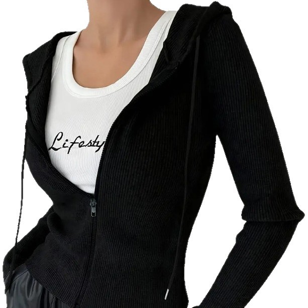 Solid Color Slim Fit Hooded Zip-Up Jacket Casual Women's Top