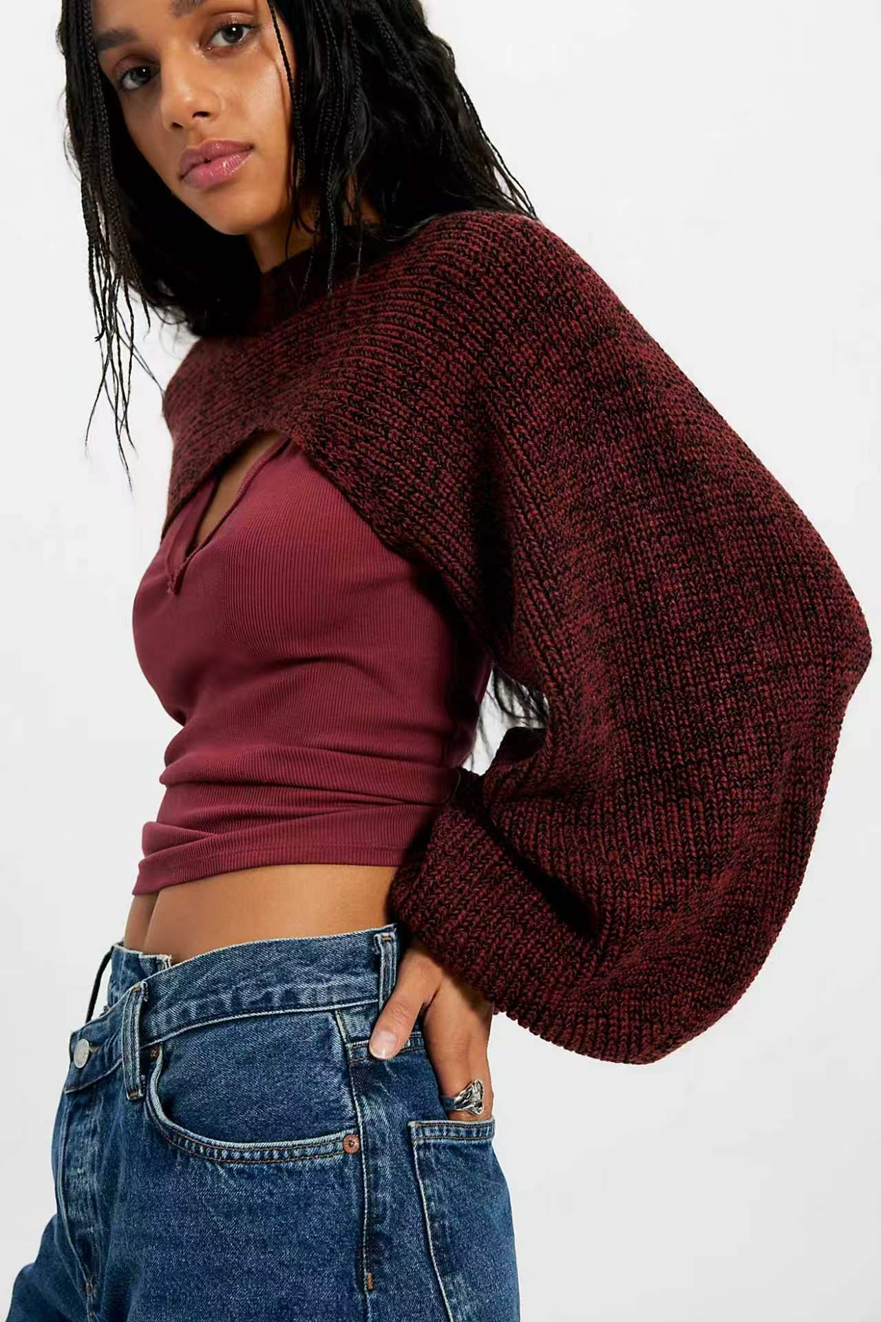 Women's Knit Round Neck Pullover Sweater with Raglan Sleeves