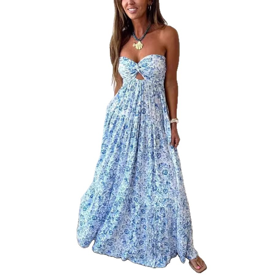 Women's Strapless Sleeveless Open Back Floral Dress