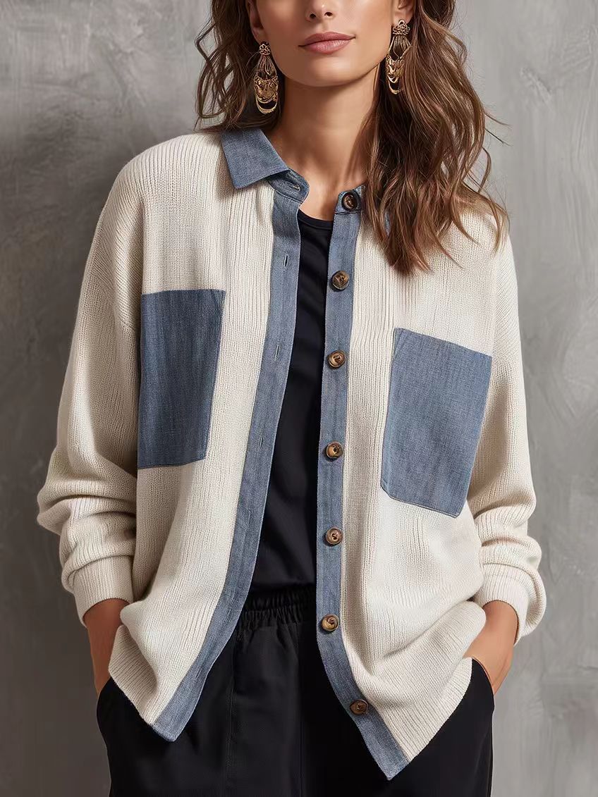Color-Block Denim-Trim Knit Cardigan with Wood Buttons