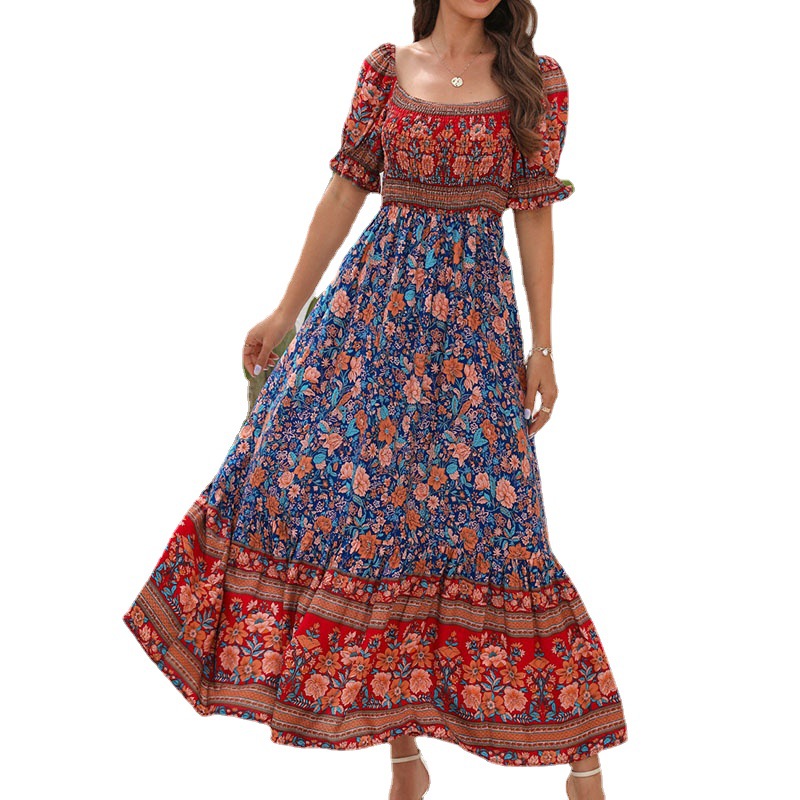 Boho Off-Shoulder Puff Sleeve Maxi Dress