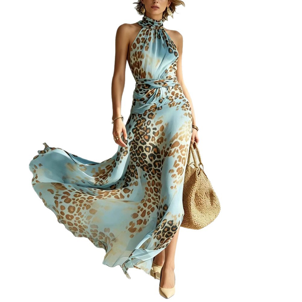 Sleeveless Halter Leopard Print A-Line Maxi Dress