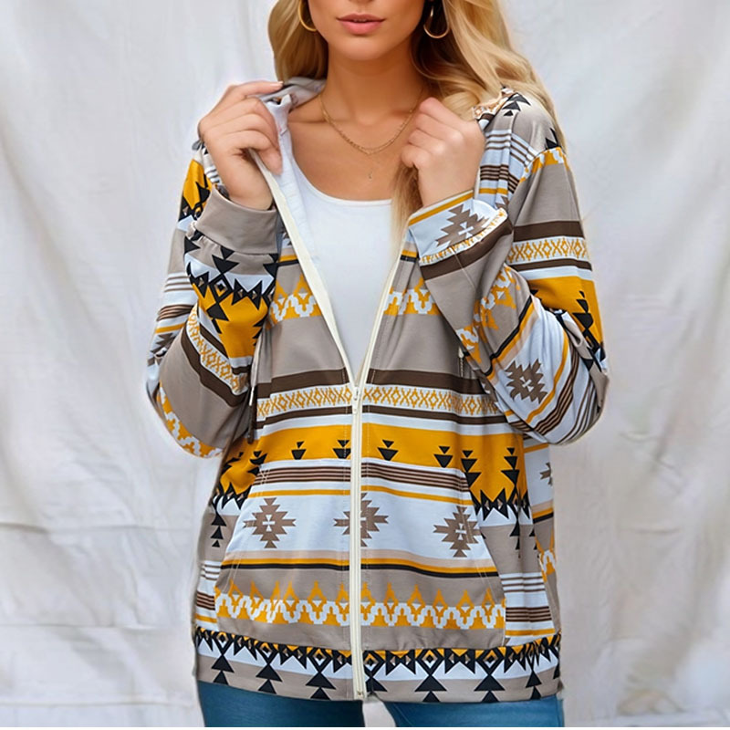 Colorblock Print Hooded Zip Jacket Loose Fit Long Sleeve