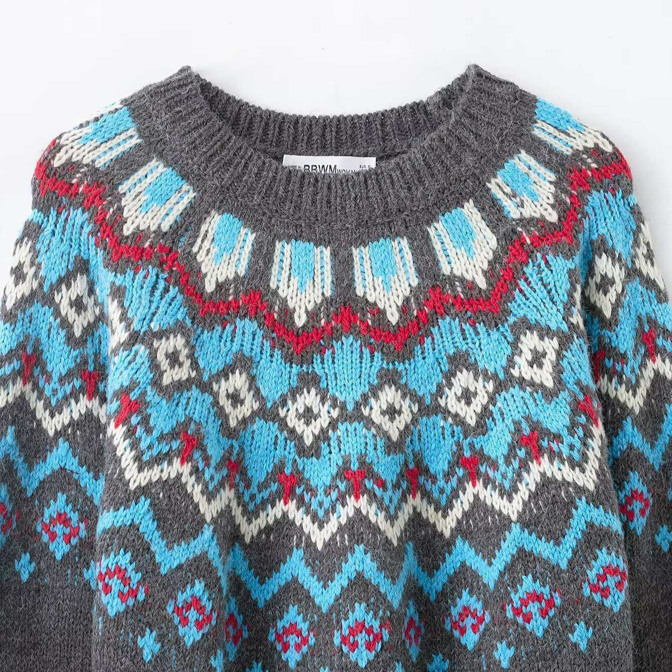 Women's Color-Block Jacquard Knit Top Crew Neck Long Sleeve