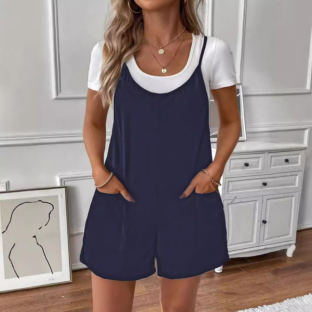 Solid Color Pocket Cami Romper Loose Casual Jumpsuit