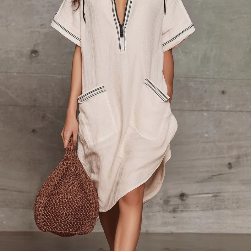 Women's Casual Hooded V-Neck Asymmetrical Hem Midi Dress in Off-White
