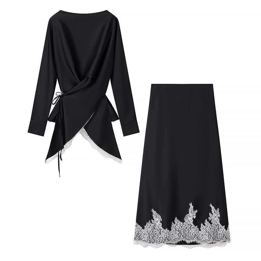 Asymmetric Satin Lace Skirt Set Long Sleeve Shirt