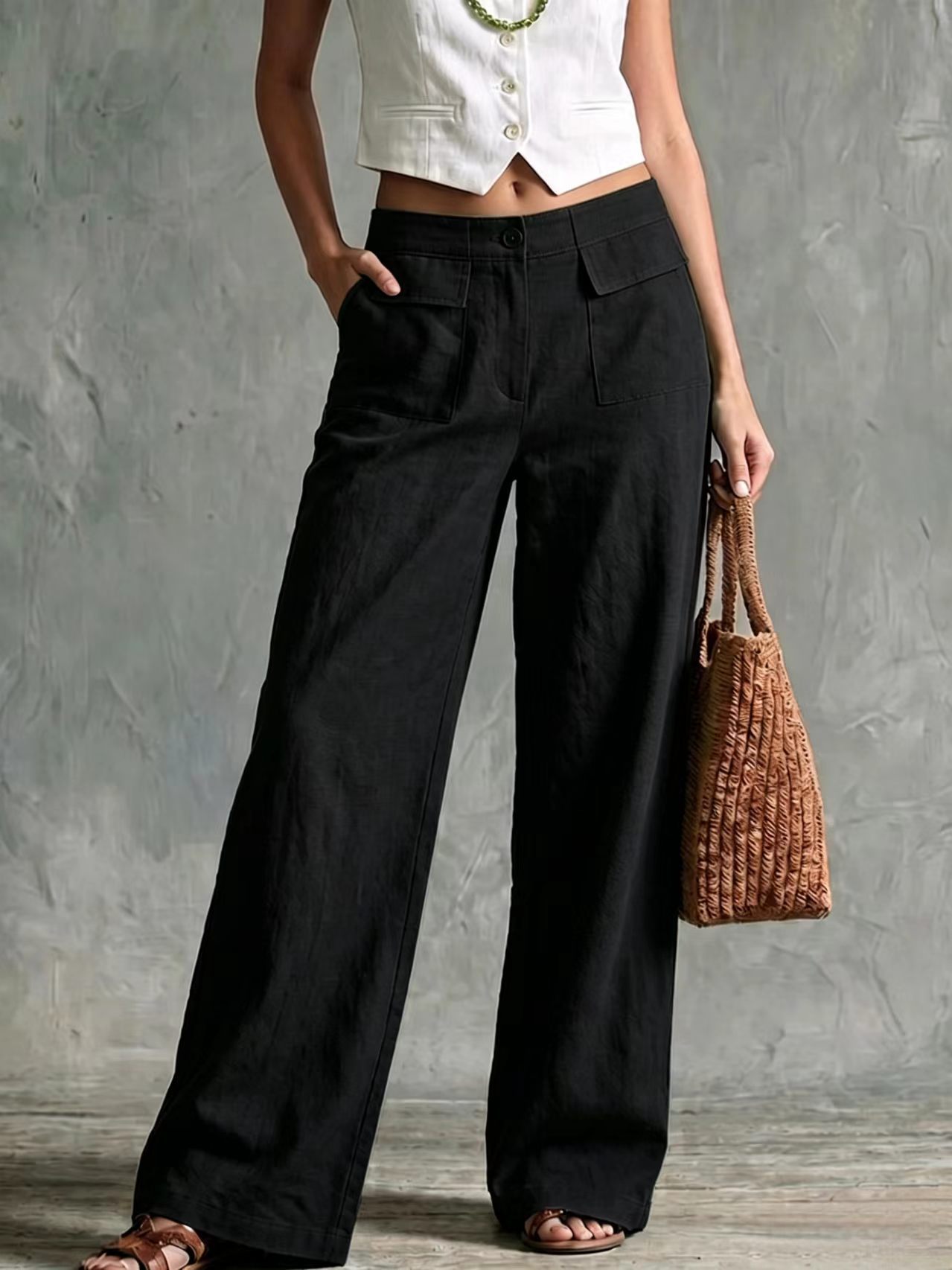 Women's Solid Color Wide-Leg Elastic Waist Casual Pants