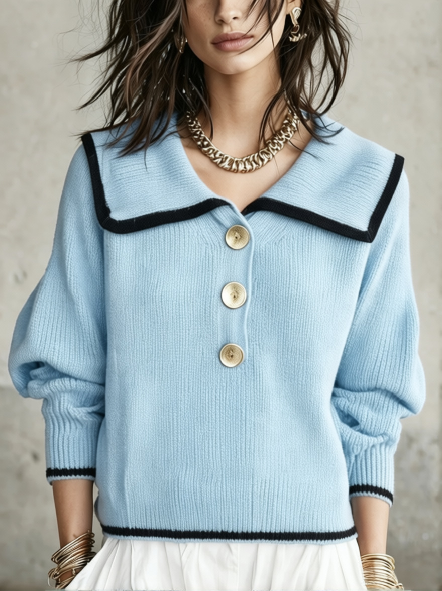 Retro Colorblock Oversized Collar Knit Sweater Loose Long Sleeve Top