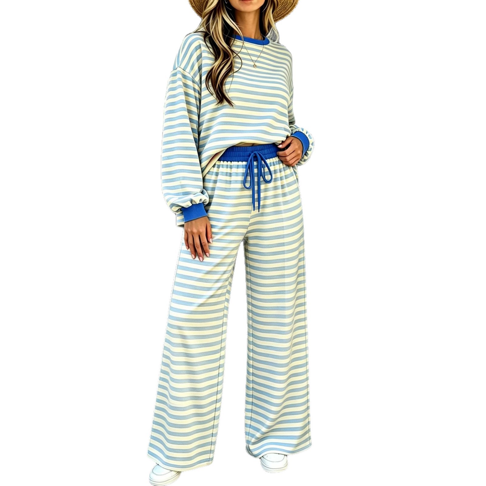 High-Waist Striped Wide-Leg Two-Piece Pants Set Women