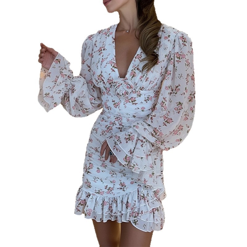 French Sweet Floral Ruffle Slim Fit Dress