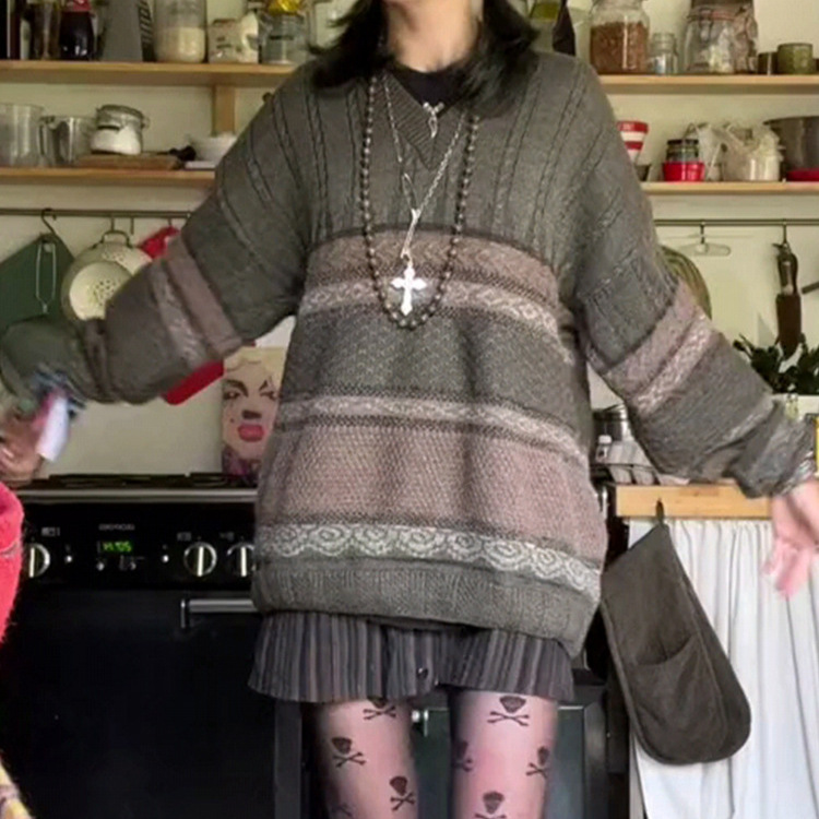 V-Neck Long-Sleeve Striped Color-Block Loose Knit Sweater