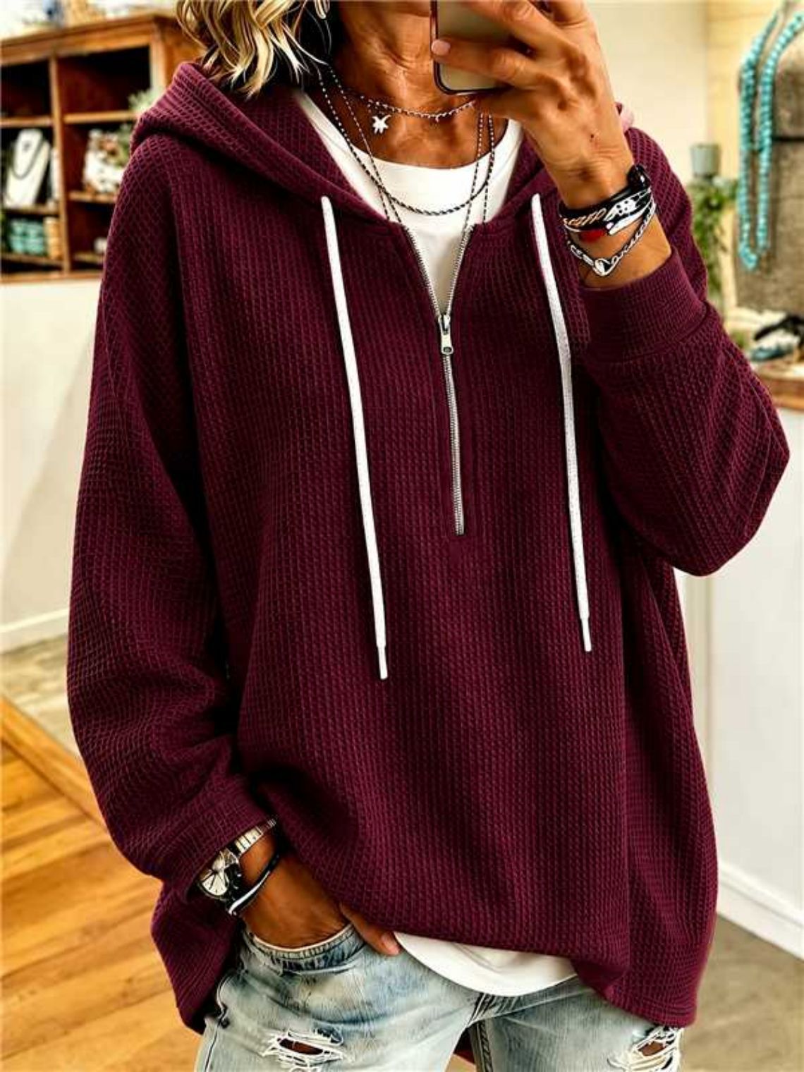 Women's Waffle Knit Drawstring Hooded Sweatshirt Loose Zip-Up Long Sleeve Top