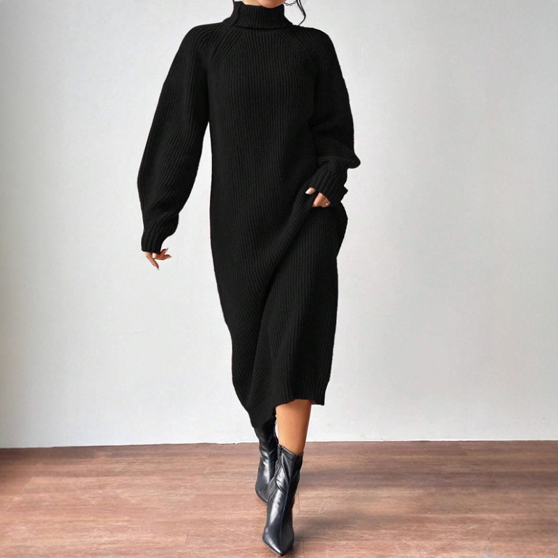 Women's Turtleneck Long Sleeve Knit Sweater Dress Solid Color Long Pullover