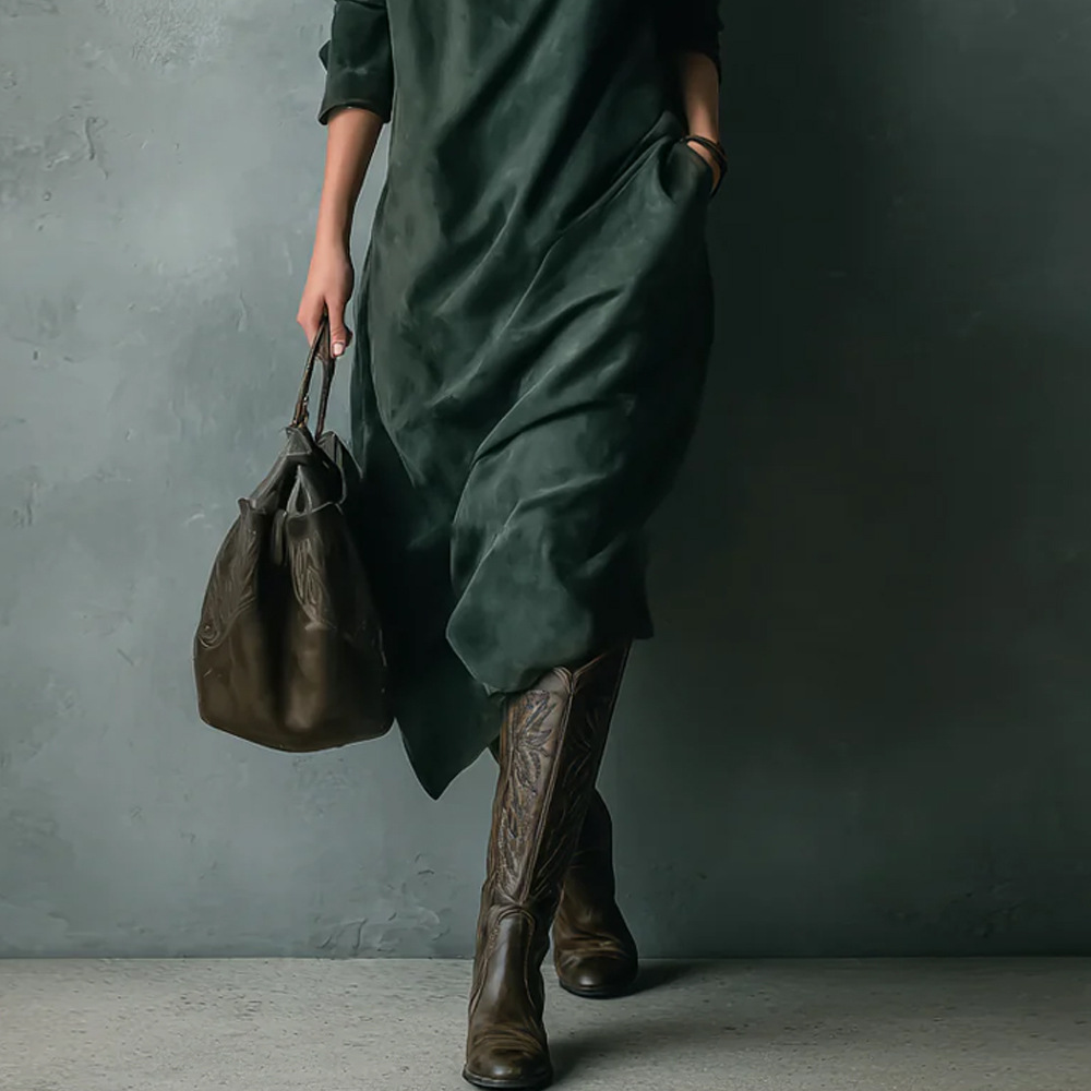 Women's Faux Suede Long Sleeve Midi Shirt Dress Solid Loose Fit