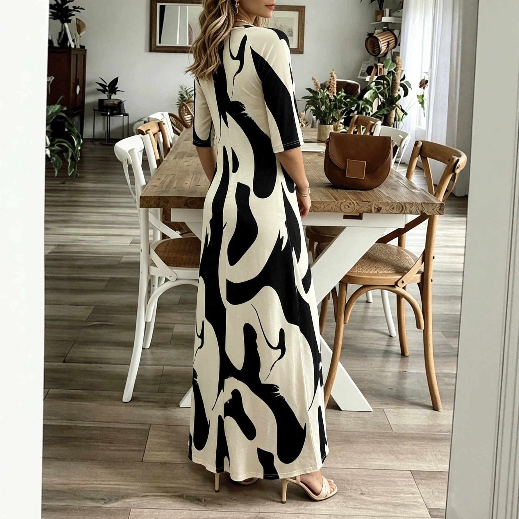 Color-Block Abstract Print V-Neck Half-Sleeve A-Line Midi Dress