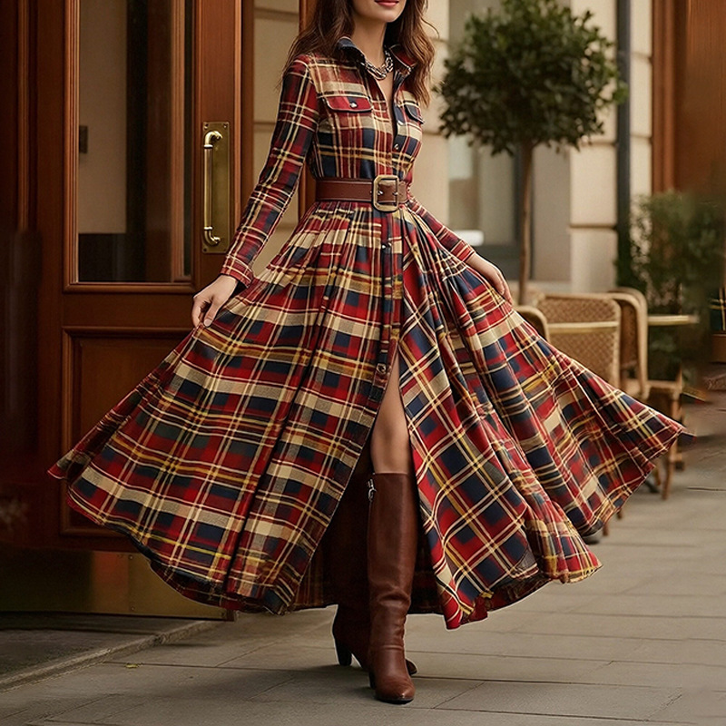 Women's Retro Plaid A-Line Long Sleeve Midi Dress with Irregular Hem