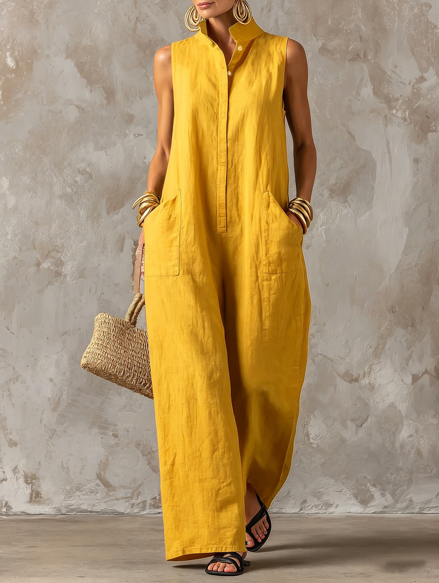 Women's Sleeveless Linen-Blend Jumpsuit with Stand Collar and Button Front Wide-Leg Pants