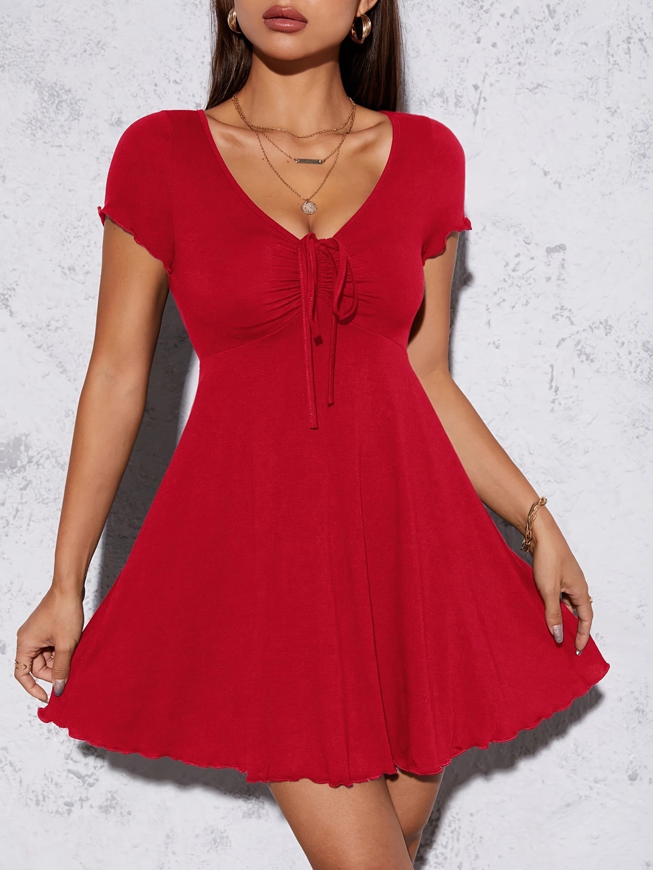 V-Neck Bow French Slimming Waist-Cinching Midi Dress