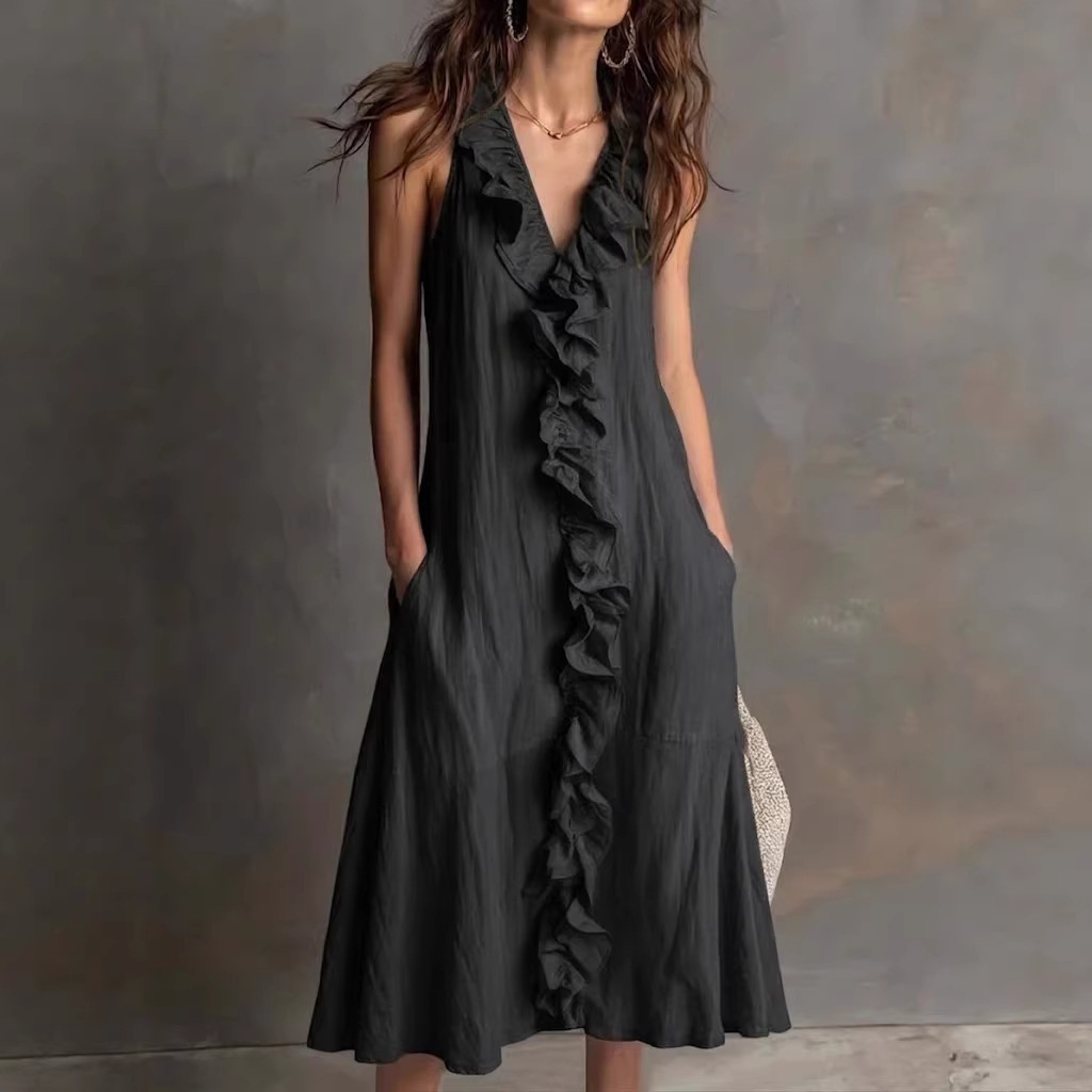 Women's Sleeveless Cotton-Linen V-Neck Ruffle Hem Maxi Dress
