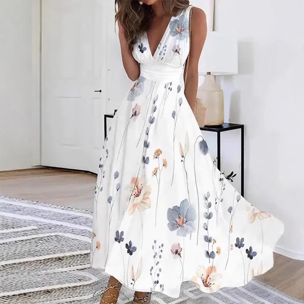 V-Neck High-Waist Sleeveless Floral Print Maxi Dress