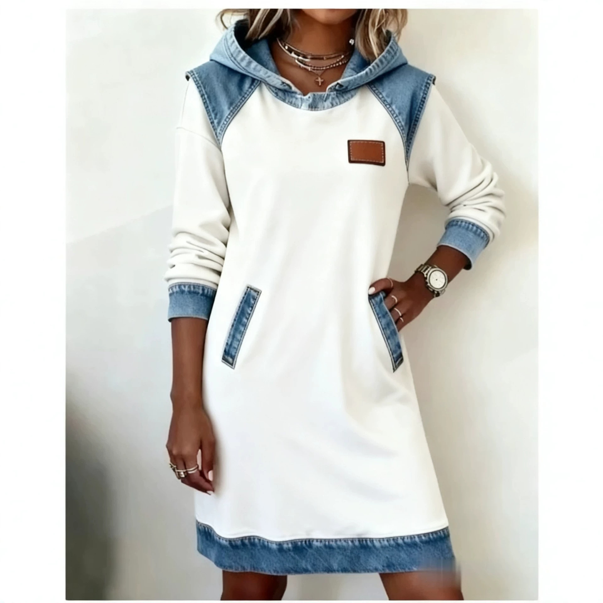 Women's Casual Colorblock Button Long-Sleeve Hooded Sweatshirt Dress