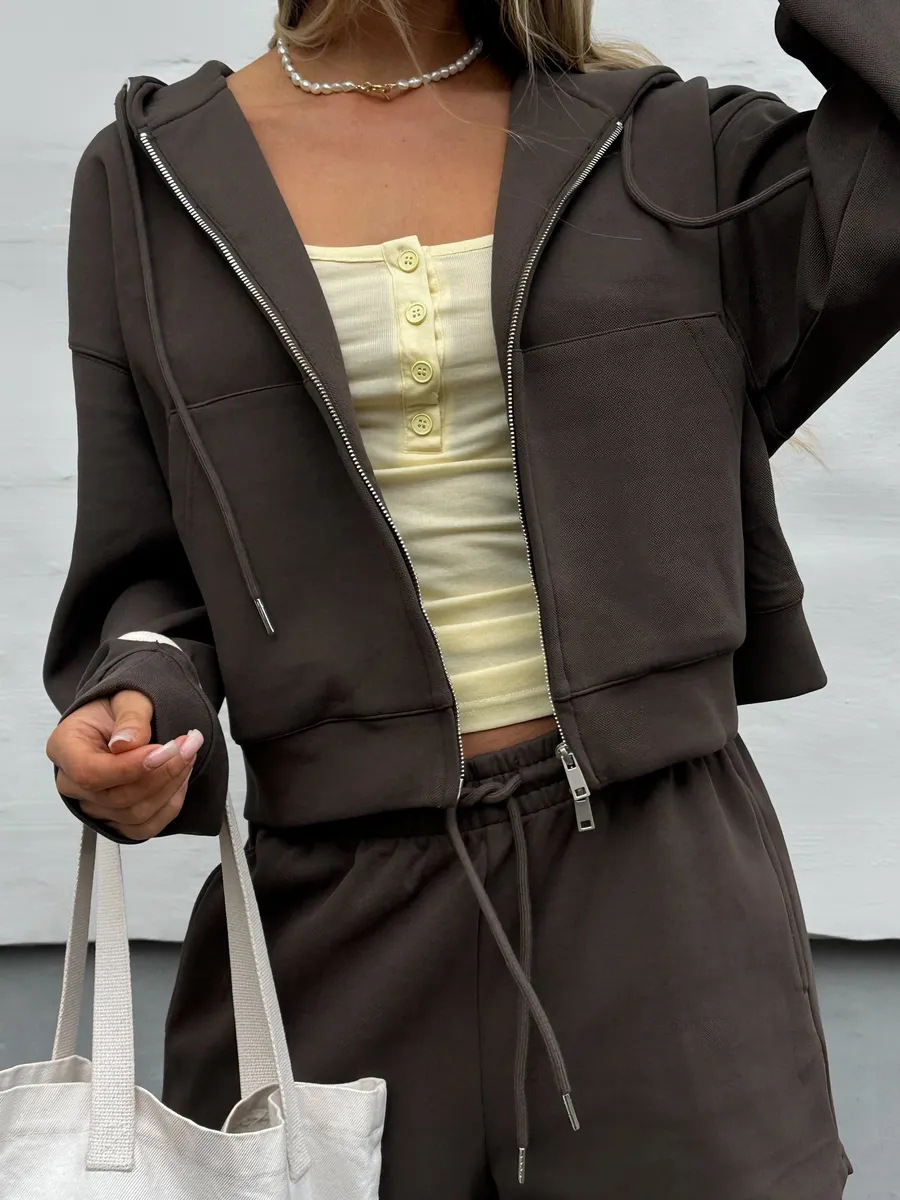 Women's Hooded Sweatshirt and Shorts Two-Piece Set with Large Pockets
