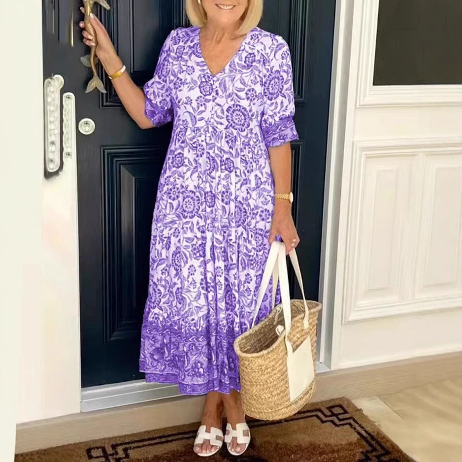 Women's Long Floral Tie-Dye Print Dress V-Neck Short Sleeve Commuter