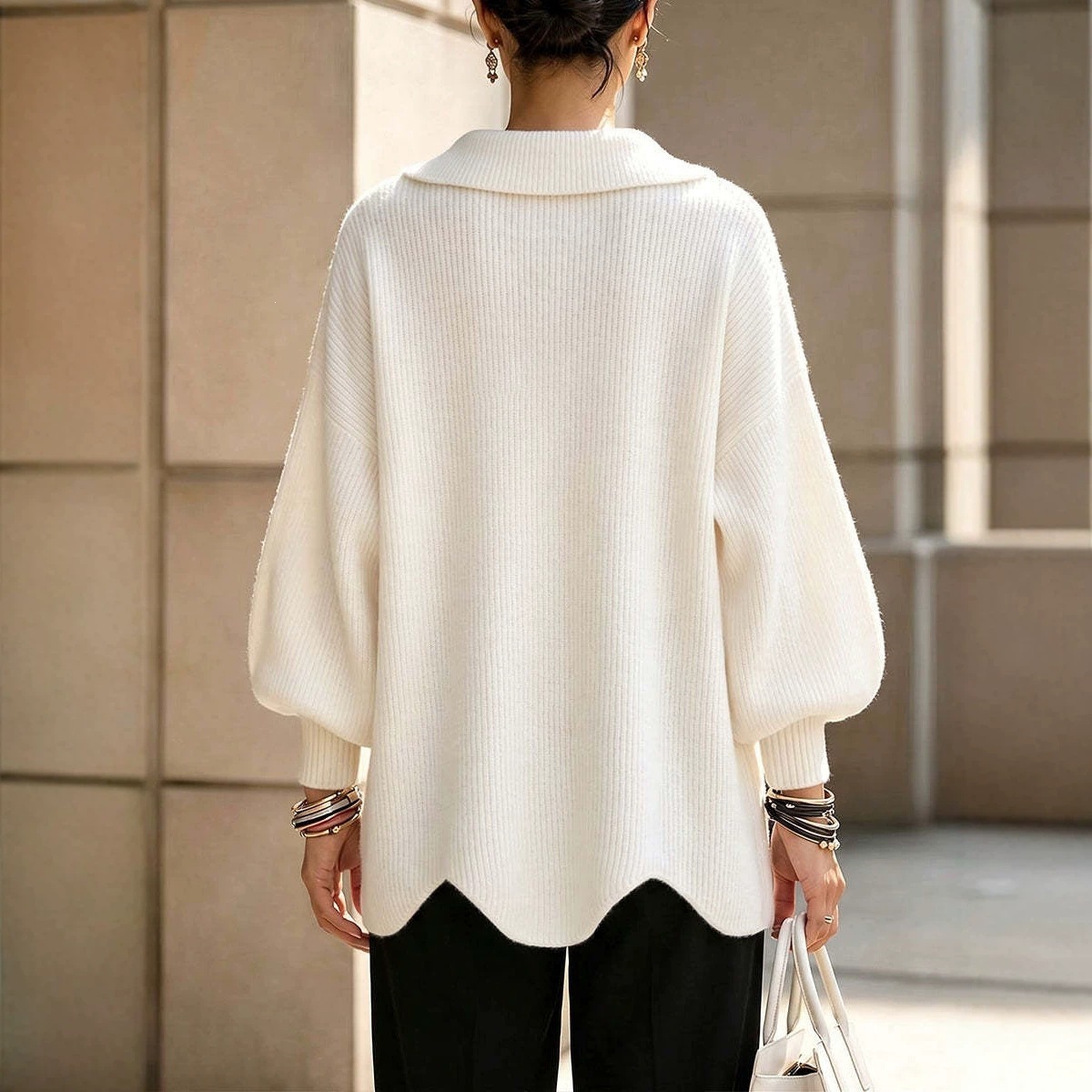Women's V-Neck Lantern Sleeve Solid Knit Sweater Loose Relaxed Fit